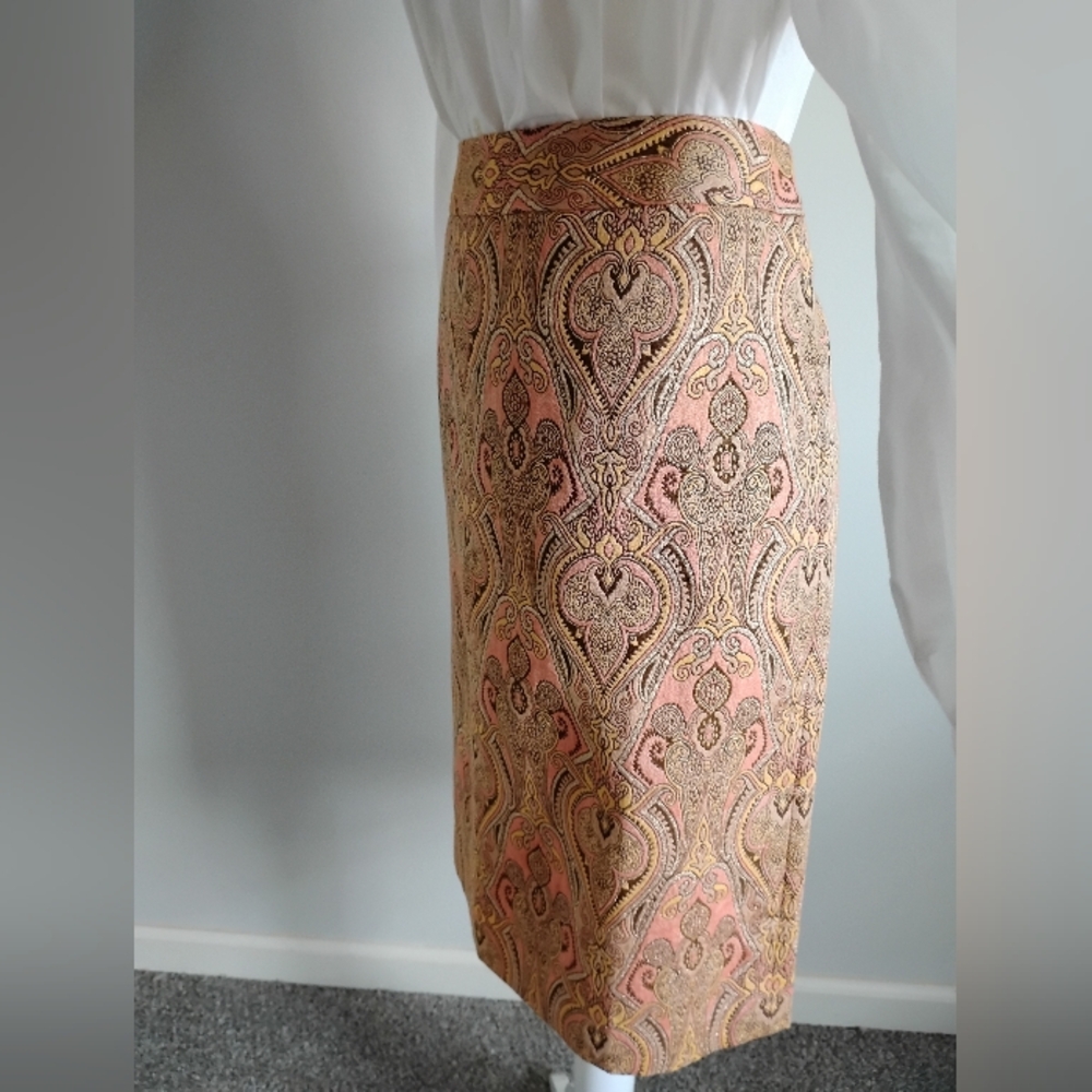 Talbots Cotton Silk Tapestry Brocade Pencil Skirt Pastel Pink Metallic Size 14P - Picture 6 of 16